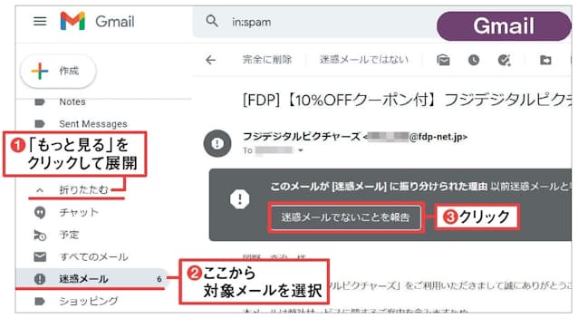 図3 Gmailでぬれぎぬを解消する場合、「迷惑メール」を開き、対象メールを選択して「迷惑メールでないことを報告」をクリック(1)~(3)。左側にある「迷惑メール」は上方向にドラッグして、いつも見える位置に移動しておくとよい。ただし、同じ発信元からのメールが次回以降も迷惑メール扱いされる可能性は残る。Outlook.com(ウェブメール)は、対象メールを選んで「迷惑メールではない」をクリック。次に表示されるメッセージ画面で「○○から迷惑メールフォルダーにメッセージを送信しない」をチェックして「OK」を押す