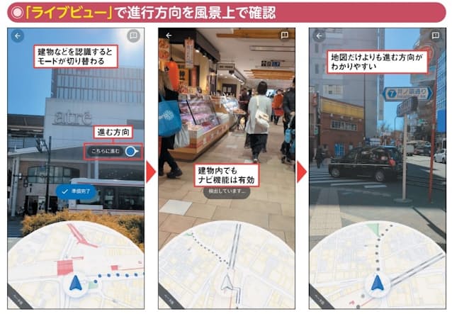 図5 最新のスマホ(ARCore対応のAndroid、もしくはARKit対応のiOS端末)では、カメラと連動した「ライブビュー」機能が利用できる。図4のナビ画面などから起動すると、カメラが捉えた町並みに地図や文字を重ねて表示。テストでは、ビル内を通るようなルートだったが、迷うことなく目的地まで移動できた。もし道を間違えてもリルートされるので、その点も安心だ