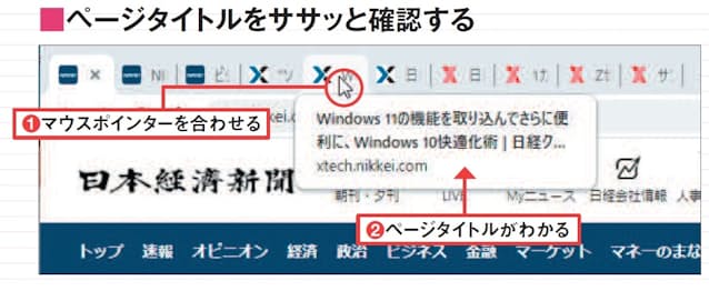 図11 タブにマウスポインターを合わせるとページタイトルがわかる(1、2)。タブをたくさん開いてどのページかわからなくなったときに便利