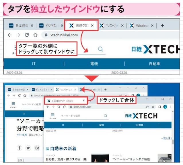 図12 タブをタブ一覧の外側にドラッグすると別ウインドウになる。別ウインドウのタブ一覧にドラッグして合体させることも可能だ