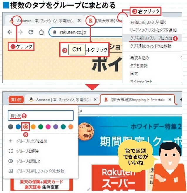 図6　クリックと「Ctrl」＋クリックで複数タブを同時選択（1、2）。右クリックして「タブを新しいグループに追加」を選ぶ（3、4）。グループ名を入力して見出しの色を選ぶ（5、6）。このメニューはグループ名を右クリックすると開くので、色などは後からでも変えられる