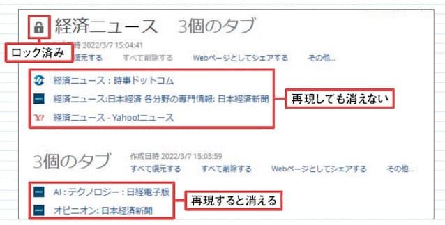 図9 ロックした鍵アイコンのタブグループは再現しても履歴に残る。ロックしないと再現時に消えるので古い情報がたまることはない(タブを再現しても常に履歴を残すように変更できる。OneTabの画面で右上の「オプション」を開き、「「すべて復元」をクリックするか、または単一のタブを復元する場合」の設定で「これらをOneTabリストに保存する」を選ぶ)