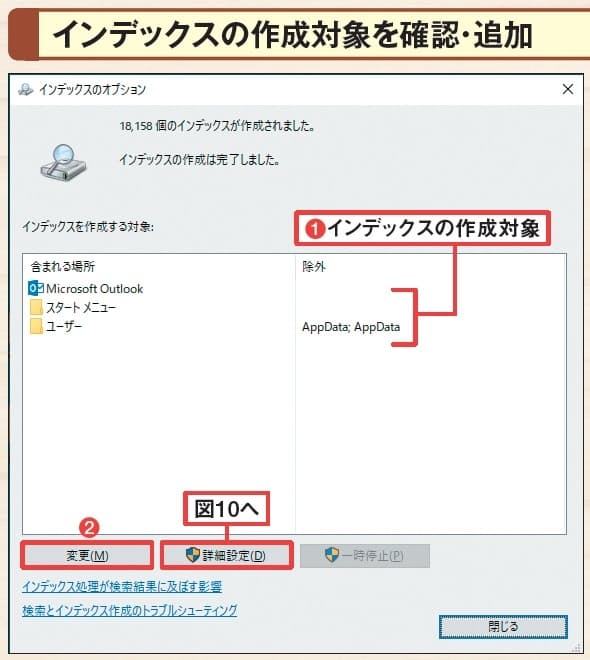 図7 インデックスの作成対象を確認するには、タスクバーの検索ボックスに「インデックス」と入力し、現れた候補の中から「インデックスのオプション」を選ぶ。すると開く画面に対象が表示される(1)。詳細を確認したり作成対象を追加したりするには、「変更」を押す(2)