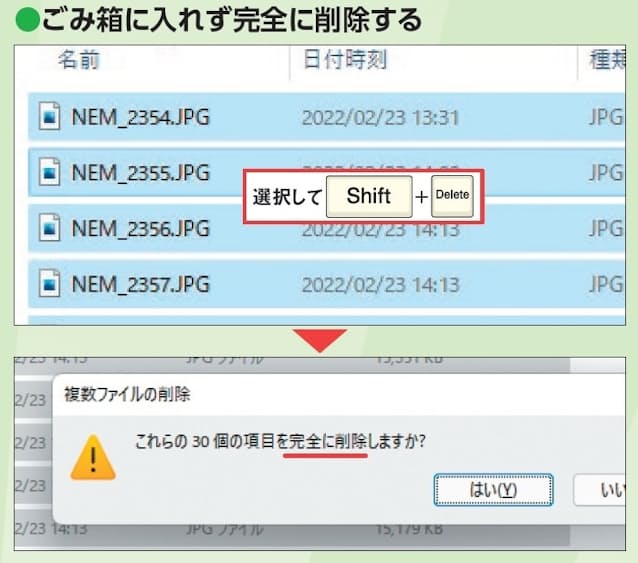 図3 ファイルやフォルダーを選択して「Shift 」キーを押しながら「Delete」キーを押すと、ごみ箱に入らずに確認画面の後、すぐに完全削除される。これで消した項目はファイル復元アプリを使わないと復元できないので注意。なお、図2の「Ctrl」+「D」キーに「Shift」キーを加えても完全削除はできない