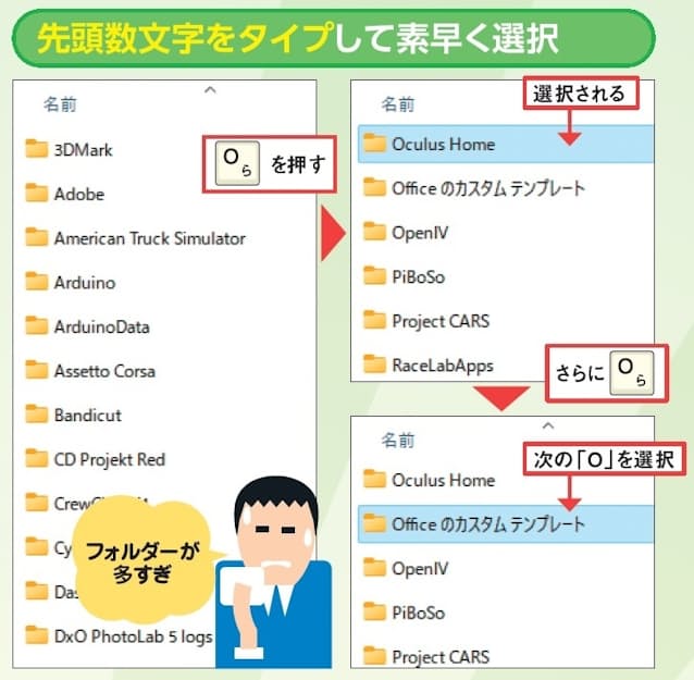 図4　ファイルやフォルダーがたくさんある場合、探したい項目の先頭数文字をタイプしてみよう。該当するものが選択される。日本語も使え、IME（日本語入力）をオンにして入力すればよい
