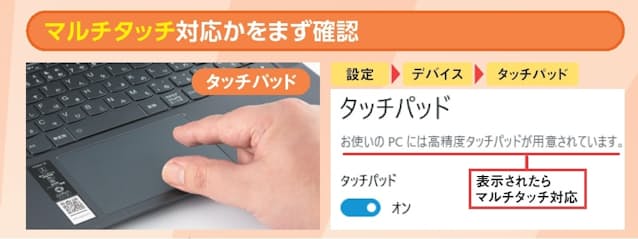 図2 2本の指を使うジェスチャーならほぼすべてのタッチパッドで実行できる。3本以上はマルチタッチ対応が必要で、対応状況は設定画面で確認できる(右)。一方、液晶ディスプレーのタッチパネルで3本指以上のジェスチャーを使うにはメーカー側の対応かWindows 11が必要で、11の場合でもタッチパッドとジェスチャーが異なることがある