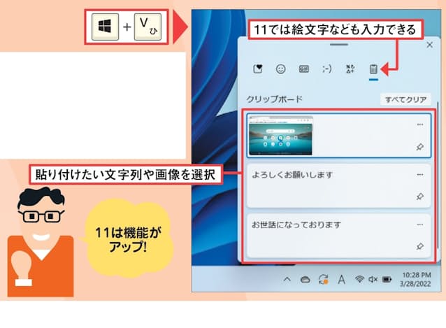 図7　図6の操作以降にクリップボード履歴を表示すると、過去にコピーした文字列や画像が一覧表示される。キーボードやマウスで選ぶと貼り付けられる