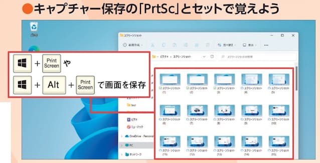 図20　「Windows」+「PrtSc（PrintScreen）」キーを押すと画面全体がPNG形式画像として「ピクチャ」フォルダーの「スクリーンショット」に保存される。「Alt」キーを加えると最前面のウインドウのみをキャプチャーできる［注］