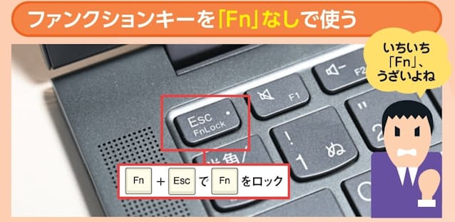 図34　一部のパソコンではファンクションキーに音量などが割り当てられており、ファンクションキーとして使うには「Fn」キーを押す必要がある。これを解除することを「『Fn』キーのロック」と呼ぶ。「Fn」＋「Esc」に「FnLock」が割り当てられているこの機種では「Fn」＋「Esc」キーでロックできる