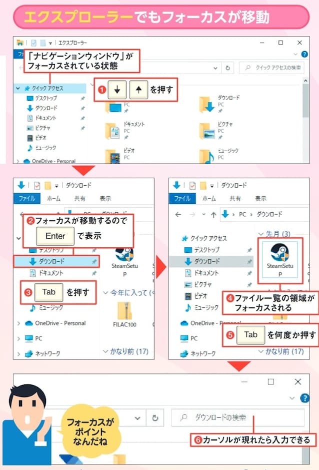 図8 エクスプローラーをキーのみで操作してみよう。「ナビゲーションウィンドウ」が選択状態なら、「↓」「↑」を押して項目を選択し、「Enter」キーで表示(1、2)。ファイル一覧の領域にフォーカスを移動するときは「Tab」キーを押す(3、4)。そうしたら矢印キーでファイルを選択し、「Enter」キーを押して実行。あるいはさらに何度か「Tab」キーを押して検索欄も選択できる(5、6)