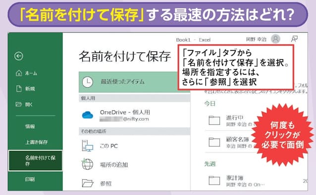 図3 ファイルに名前を付けて保存するとき、通常は「ファイル」タブを開いて「名前を付けて保存」を選択する。保存先のフォルダーを指定するには、さらに「参照」を選ぶ必要がある。いかにも煩雑だ