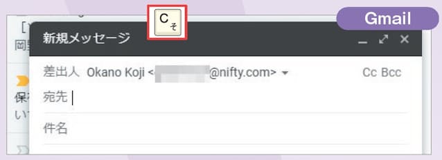 図4 Gmailの場合、新規メッセージ画面は「C 」キーで開く。こちらは適切な覚え方がなさそうなので、何度も繰り返して身に付けよう