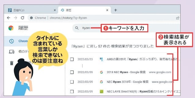図10 Chrome の履歴画面には検索窓があり、キーワードで履歴を絞り込める(1、2)。Edgeでは履歴のメニューで虫眼鏡ボタンを押す