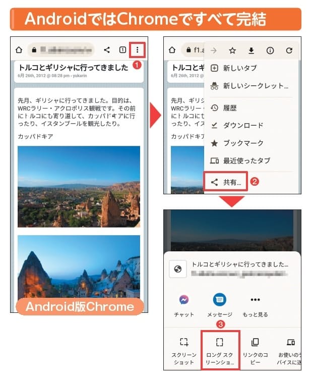 図2 Android（アンドロイド）版 Chrome の縦3点のボタンから「共有」→「ロングスクリーンショット」を選ぶ（1〜3）