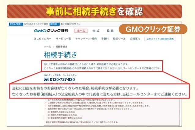図3 GMOクリック証券では遺族が電話で連絡することで口座の取引が制限される。ただし、証券の相場は動いているため、口座解約までの期間に損得が発生することがある