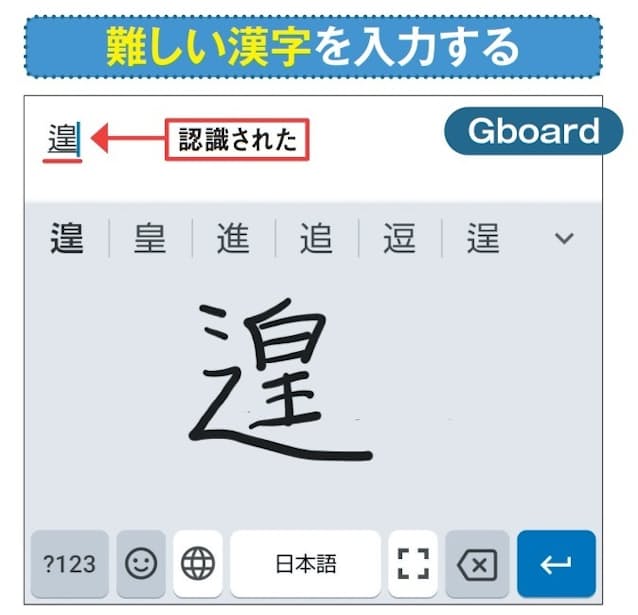 図21 本連載1回目の図9の手順でGboardの「手書き」をオンにし、同・図12のように設定。地球儀ボタンを押して手書き入力キーボードを開く。手書きした文字が認識される