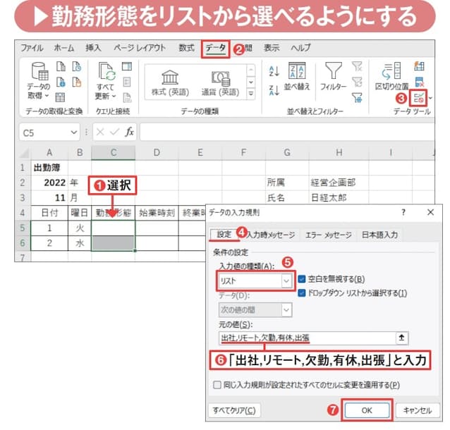 図12 C5〜C6セルを選択して(1)、「データ」タブの「データ の 入 力 規 則 」を クリック(2、3)。「設定」タブの「入力値の種類」を「リスト」に 変更し(4、5)、「元の値」欄に半角のカンマで区切りながら「出社 ,リモート, 欠勤 , 有休 , 出張」と入力して「OK」を押す(6、7)