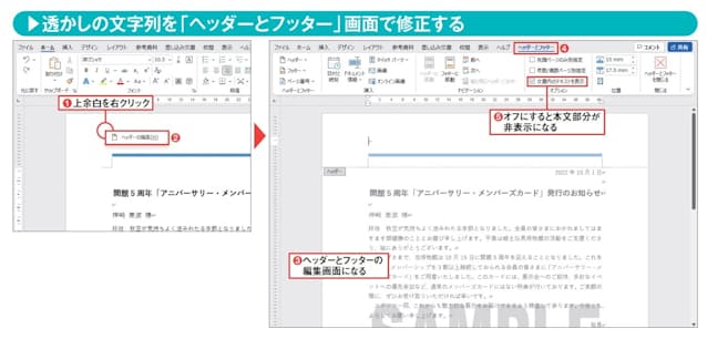図6 透かしのスタイルを自由に変えたいときは、上余白部分を右クリックして表示されるメニューから「ヘッダーの編集」を選択する(1、2)。画面がヘッダーとフッターの編集モードに切り替わり、透かしに修正を加えられるようになる(3)。本文部分を非表示にしたい場合は「ヘッダーとフッター」タブの「文書内のテキストを表示」をオフにする(4、5)