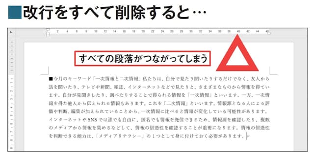 図2 Wordで改行を一括削除するには、「置換」機能を使う。置換機能は「Ctrl」+「H」キーで呼び出せる。「オプション」をクリックして「ワイルドカードを使用する」にチェックし、「検索する文字列」に「^13」と指定。「置換後の文字列」は空欄のまま「すべて置換」を実行すれば、改行を一括削除できる。ただし、単に削除するだけでは、すべての段落がひと続きになってしまう