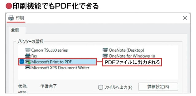 図2　アプリにPDF書き出しの機能がなくても、印刷画面でプリンターに「Microsoft Print to PDF 」を選べる場合は作成内容をPDFファイルに出力できる。「印刷」ボタンをクリックして、ファイル名と保存先を指定すればよい。画面は「メモ帳」の印刷画面
