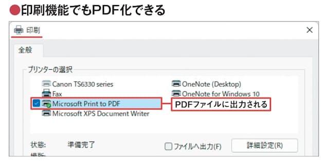 図2 アプリにPDF書き出しの機能がなくても、印刷画面でプリンターに「Microsoft Print to PDF 」を選べる場合は作成内容をPDFファイルに出力できる。「印刷」ボタンをクリックして、ファイル名と保存先を指定すればよい。画面は「メモ帳」の印刷画面