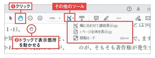 図3 ツールバーの「クリックして文書をパン」を選択してポインターを手の形にすると、拡大表示しているページの表示箇所をドラッグで動かせる(1、2)。ポインターを通常の矢印に戻すときは、左側の「テキストと画像の選択ツール」を選ぶ。なお「その他のツール」メニューにも表示倍率を変えるコマンドが用意されている