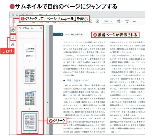 図7 ナビゲーションパネルの「ページサムネール」をクリックすると各ページのサムネイル(縮小画像)が表示され、クリックで該当ページにジャンプできる(1〜3)。ナビゲーションパネルに「しおり」が表示されている場合は、クリックしてブックマークされた文字列を表示する。文字列をクリックすると、該当位置にピンポイントでジャンプする