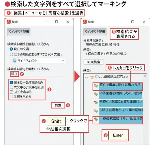 図11 「編集」メニューから「高度な検索」を選び、表示される画面で検索する文字列(ここでは「移住」)を入力(1、2)。必要に応じてオプションを選び、「検索」ボタンをクリックする(3、4)。検索結果が一覧表示される(5)。最初の結果をクリック、最後の結果を「Shift」+クリックして全結果を選択し、「Enter」キーを押す(6〜8)