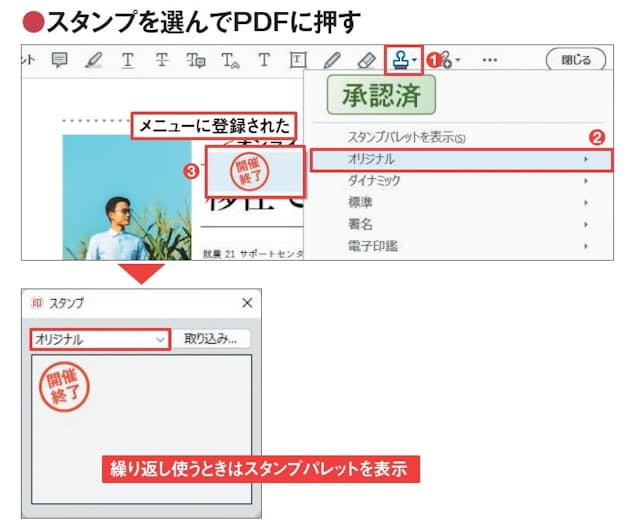 図5 登録したスタンプが「スタンプを追加」メニューの「オリジナル」サブメニューから選べるようになる(1〜3)。なお、「スタンプを追加」メニューから「スタンプパレットを表示」を選ぶと画面上にスタンプの画面が開き、クリックだけで選べるようになる(下)