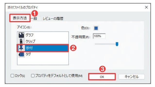 図8　表示される画面の「表示方法」タブでアイコンの種類を選び、「OK」ボタンをクリックする（1〜3）。ここではピンのアイコンを選んだ