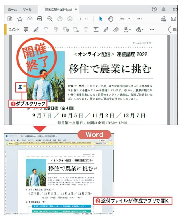 図9 添付位置に添付を示すアイコンが表示される。アイコンをダブルクリックすると、添付ファイルの作成アプリ(または既定の表示アプリ)が起動し、内容が表示される(1、2)。ここでは、PDFの元文書がWordで開いた