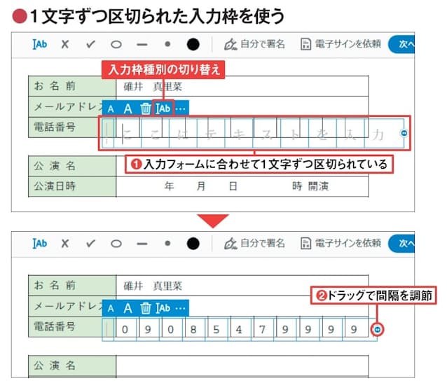 図6 入力位置が升目で区切られている場合は、入力枠も1文字ずつ区切られた状態で表示され、文字列を均等幅で入力できる(1)。文字列の間隔が升目とずれている場合は、右端のハンドルをドラッグして調節。位置は通常の入力枠と同様、枠線部分をドラッグして整える(2)。通常の入力枠にしたいときは、「入力枠種別の切り替え」ボタンをクリックする