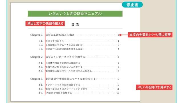 図2　文字スタイルや配置を修正するだけで、見やすい目次になる。ページ番号の変更も可能だ。目次のデザインを手早く修正するコツを覚えよう