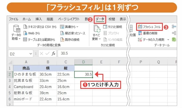図3 表の隣の空セルに「横」の数値を1つ手入力し(1)、「データ」タブの「フラッシュフィル」をクリック(2、3)