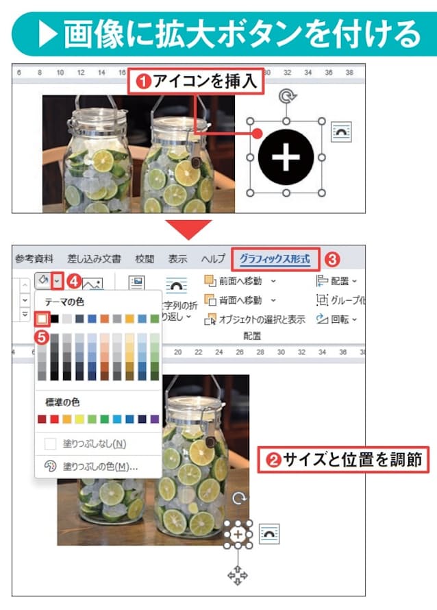 図12 文書に拡大ボタンのアイコンを挿入する(1)。ここでは「プラス」のキーワードでアイコンを検索した。アイコンのサイズを調節して画像に重ねる(2)。必要に応じて、「グラフィックス形式」タブの「グラフィックの塗りつぶし」メニューでアイコンの色(ここでは「白」)を変更する(3〜5)