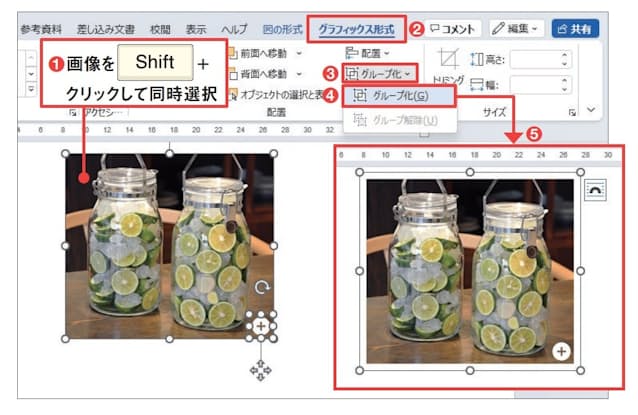 図13 アイコンを選択したまま、画像を「Shift」+クリックして同時に選択(1)。「グラフィックス形式」タブの「オブジェクトのグループ化」メニューから「グループ化」を選ぶ(2〜4)。画像とアイコンが1つのオブジェクトになる(5)。このオブジェクトにハイパーリンクを設定する