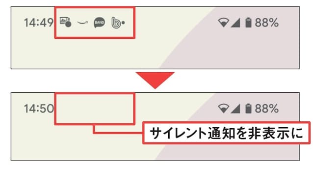 図5 ホーム画面のステータスバーにサイレント通知のアイコンも表示されてしまうのは邪魔だ。サイレント通知のアイコンは表示しないようにしたい