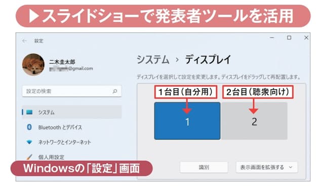 図17 聴衆向けに2台目のディスプレーやプロジェクターをつないでいる場合は、「発表者ツール」が重宝する。Windowsの「設定」の「システム」→「ディスプレイ」で2台目の配置などを確認しておこう。右下にある「表示画面を拡張する」が「表示画面を複製する」になっていても問題はない