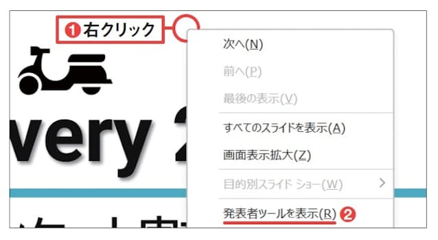 図19 発表者ツールが表示されないときは、全画面表示されたスライド上で右クリックして「発表者ツールを表示」を選ぶ(1、2)