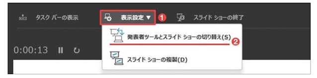 図20 2 台のディスプレーの表示内容を入れ替えたいときは、発表者ツールの「表示設定」のメニューを使う(1、2)