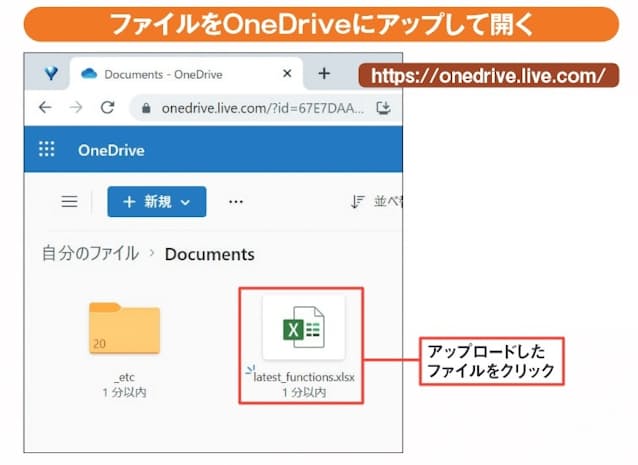 図2　ウェブブラウザーで OneDriveを開き、Microsoftアカウントでサインイン。手持ちのExcelファイルをドラッグしてアップロードする（同期フォルダーを使ってもよい）。ファイルをクリックするとウェブ版Excelで開く