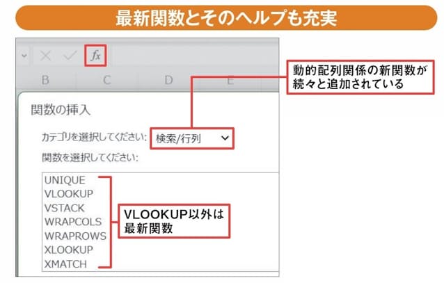 図5 数式バーの「fx」ボタンを押して、使える関数を確認しよう。「検索/行列」グループには、動的配列を扱う最新関数が目白押し(一覧はスクロールする)。画面で見えているうち、VLOOKUP以外はすべて最新関数だ