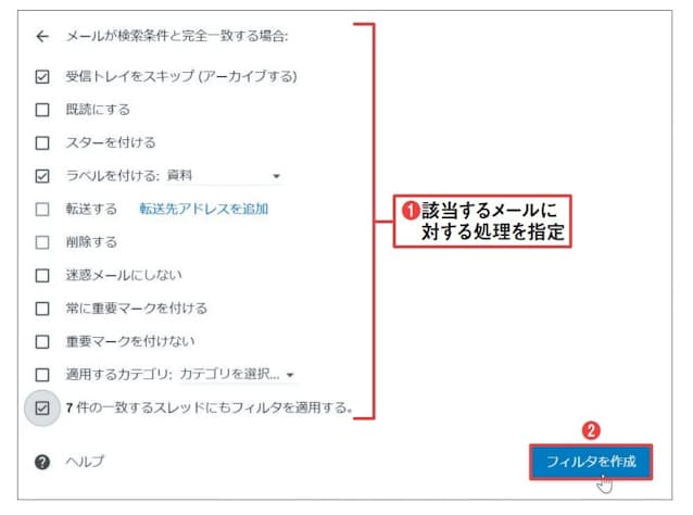 図5 メールの処理を指定する(1)。「受信トレイ」に入れずにラベルを付ける場合は、「受信トレイをスキップ(アーカイブする)」と「ラベルを付ける」にチェックを入れ、ラベルを指定する。受信済みのメールに対しても同じ処理をする場合は「○件の一致する⋯適用する。」にチェックを入れ、「フィルタを作成」をクリックする(2)