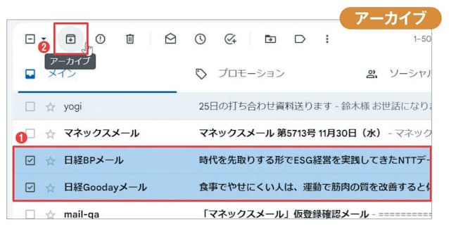 図7 「受信トレイ」から消したいメールを選択し、「アーカイブ」を選択する(1、2)