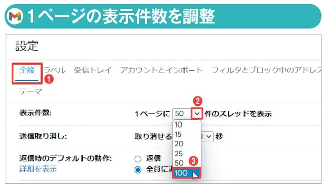 図5 Gmailの設定画面を開き、「全般」を選択する(1)。「表示件数」で1ページに表示するメールの件数を指定する(2、3)