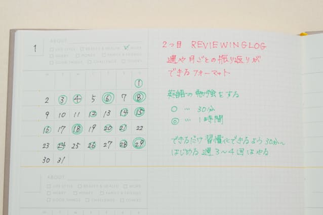 週や月の記録がとれるREVIEWING LOG