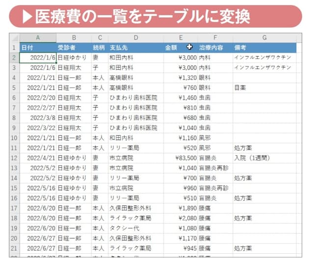 図2 医療費データを入力済みのExcelファイルを用意した(https://web-cache.stream.ne.jp/www11/nikkeibpw/pc/pc21/download/2302office.zip)。それを入手してピボットテーブルの使い方を学ぼう。なお、自分で入力する際は時系列で並べる必要はなく、手元にあるレシートを見ながらどんどん入力していけばよい。申請書類で必要な「受診者」「支払先」「金額」の3つの見出しは必ず用意する