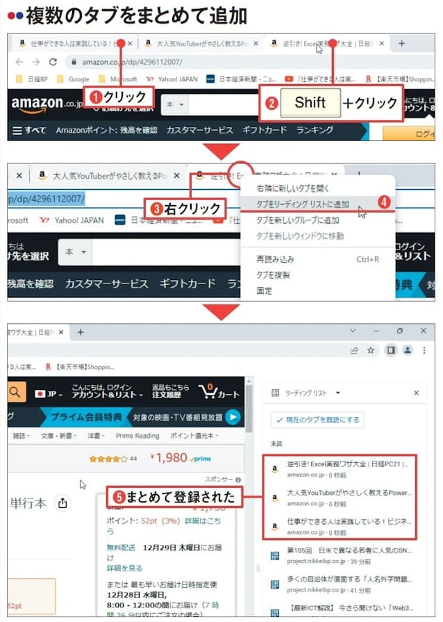 図5 タブを複数開いているとき、それらをまとめてリーディングリストに登録することもできる。「Shift」+クリックや「Ctrl」+クリックの操作でタブを複数選択し(1、2)、右クリックメニューから「タブをリーディングリストに追加」を選べばよい(3〜5)