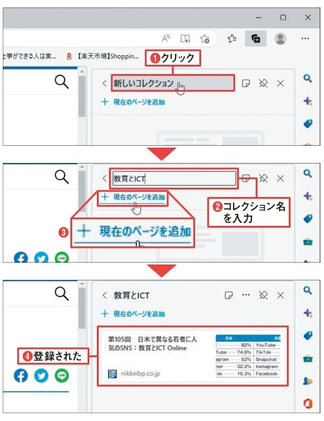 図7 「新しいコレクション」という名前でコレクションが作られるので、その名前の部分をクリックして、適当な名前に変更する(1、2)。「現在のページを追加」をクリックすると(3)、開いているページが登録される(4)
