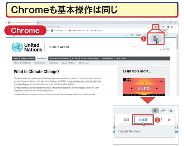 図4 Chromeも基本的な操作手順は同じ。外国語のページを開くと、アドレスバーの右側に「このページを翻訳」アイコンが表示される（1）（初回は言語を選択するメニューも自動表示される）。これをクリックして「日本語」を選ぶと（2）、ページ全体が日本語に翻訳される